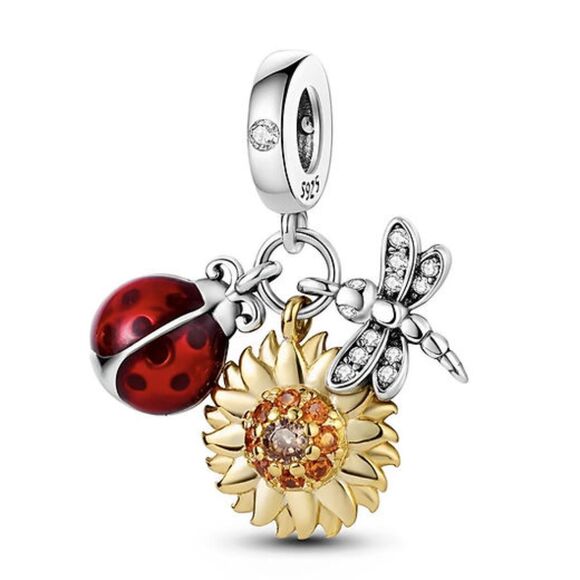 Ladybug Sunflower and Dragonfly Tri Dangle Charm S925 Silver 14K Gold Plated - Picture 2 of 11